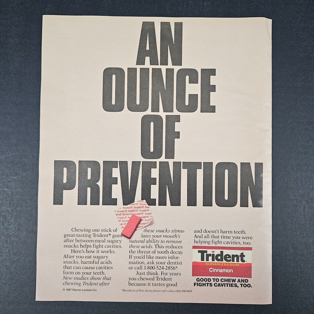 1987 Trident Cinnamon Sugarless Gumโ Vintage Print Ad An Ounce of Prevention